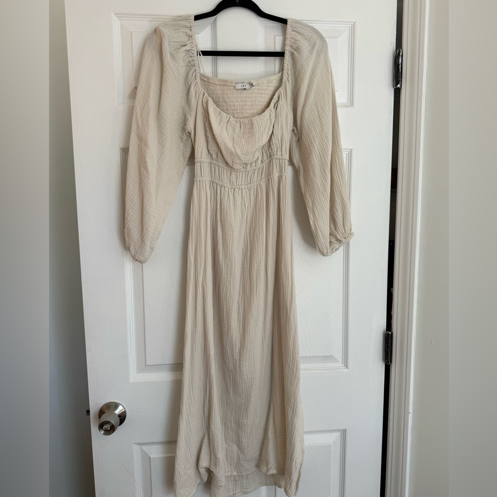 Cream ren faire peasant midi Dress balloon sleeve open tie back cotton size S